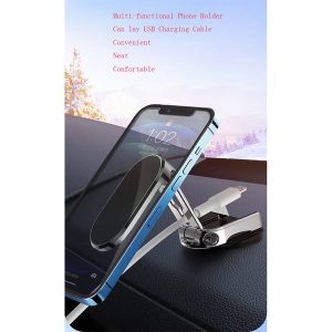 A sleek magnetic car phone mount attached to a car dashboard, securely holding a smartphone in place. The mount features a minimalist design with 360-degree rotation and compact size, suitable for all phone models. Ideal for safe, hands-free driving.