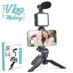 "AY-49 Vlogger Video Making Kit with microphone, LED fill light, mini tripod, mobile holder, and Bluetooth remote – ideal for content creators and vloggers"Let me know if you want a shorter version, an SEO-optimized alt text, or an Urdu translation as well.