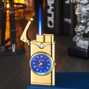 A stylish metallic wristwatch with a hidden built-in refillable lighter, combining fashion and functionality. The watch features a sleek design and is ideal for smokers or collectors looking for a unique accessory.