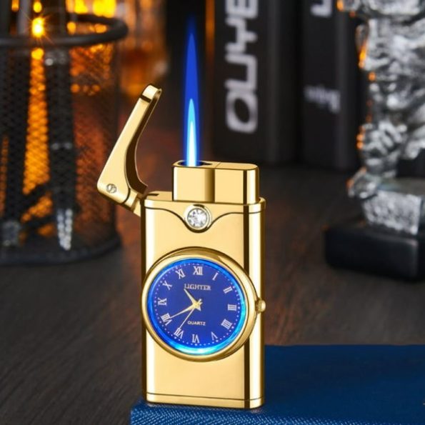 A stylish metallic wristwatch with a hidden built-in refillable lighter, combining fashion and functionality. The watch features a sleek design and is ideal for smokers or collectors looking for a unique accessory.