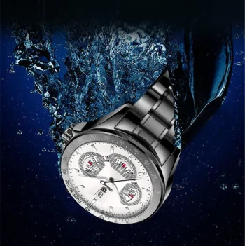 "Luxury men’s waterproof wrist watch with calendar – business casual quartz watch, silver and black design"